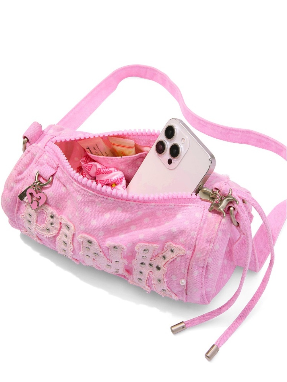 💖VS Pink VIRAL Y2K style Canvas Rolled Duffle Bag pink with polka dots NWT - Picture 2 of 12